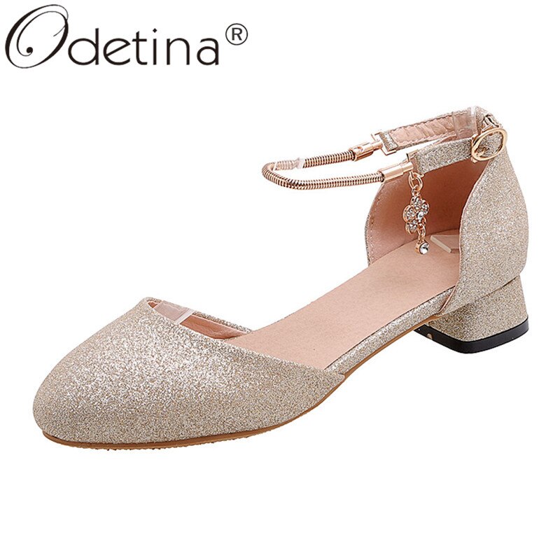 Odetina femmes flore paillettes bloc talon épais Mary Janes chaussures dames en métal décoration boucle sangle brillant cristal chaussures décontractées