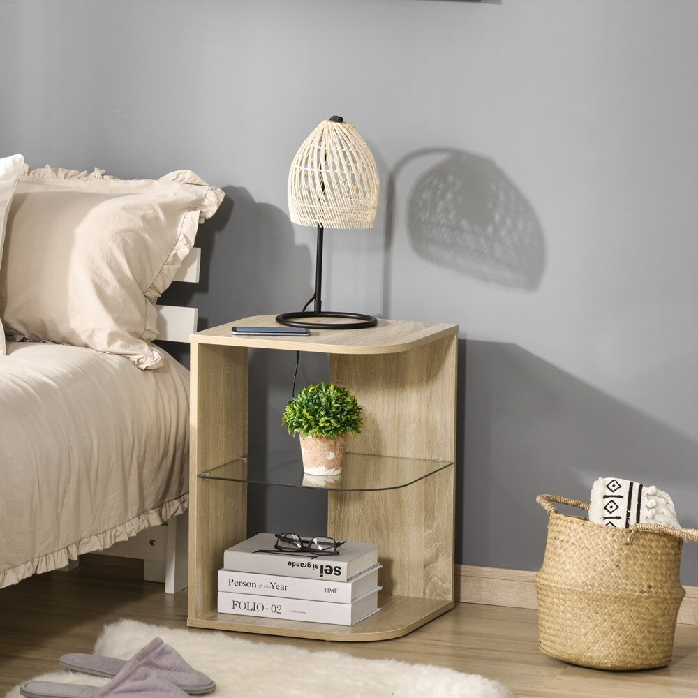 HOMCOM Mesita Auxiliar Moderna Mesilla de Noche con 3 Estantes Tablero de Cristal Mesita de Café Salón Dormitorio 40x40x56 cm