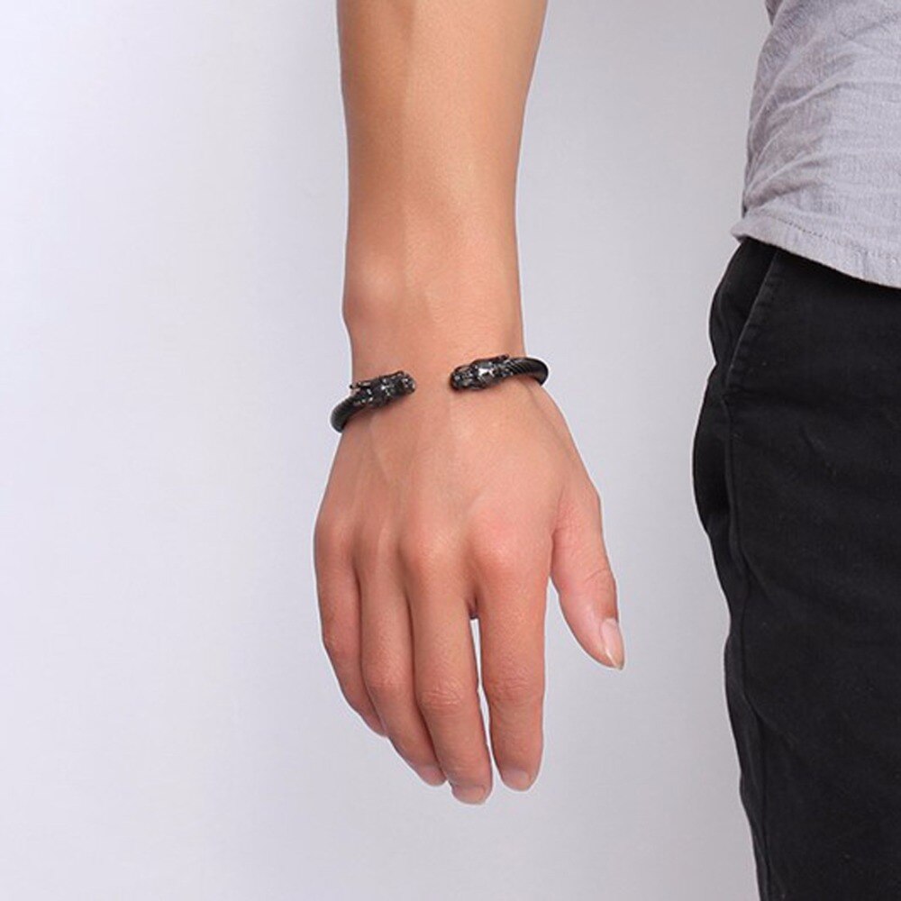 Bracelet manchette noir à deux têtes de Dragon Bracelet pour hommes garçons en acier inoxydable 316L fil entrelacé Viking Vintage bijoux masculins