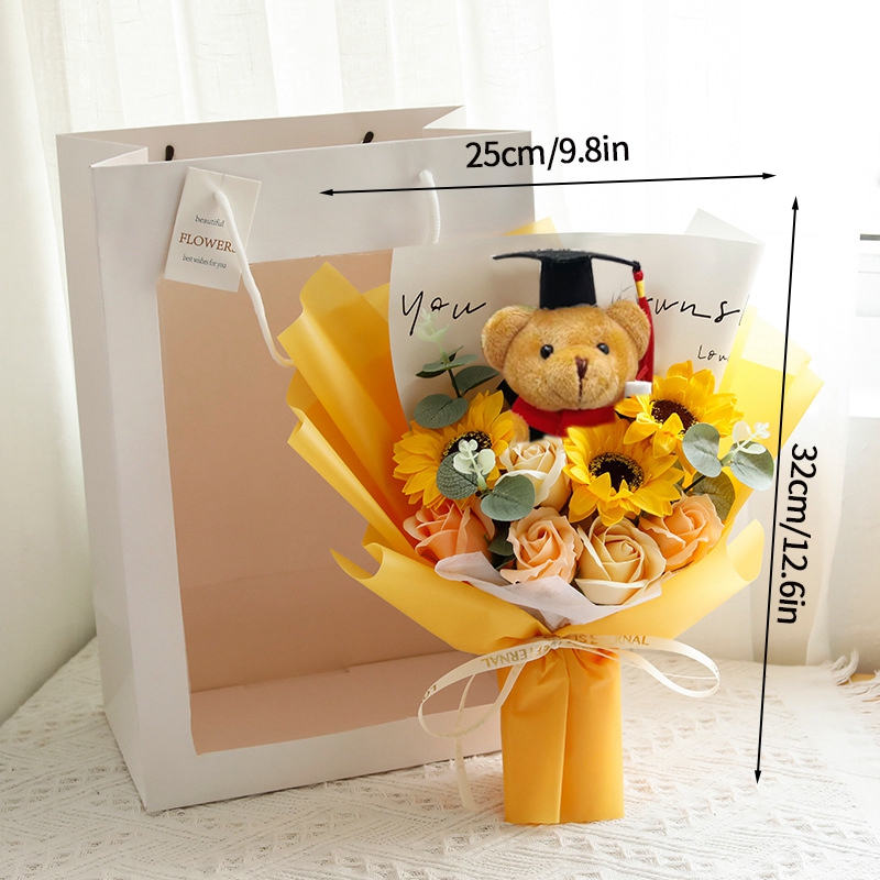 Ramo de ganchillo, ramo de flores para graduación, flor Artificial tejida, de boda, girasol acabado, graduación, de regreso a la escuela