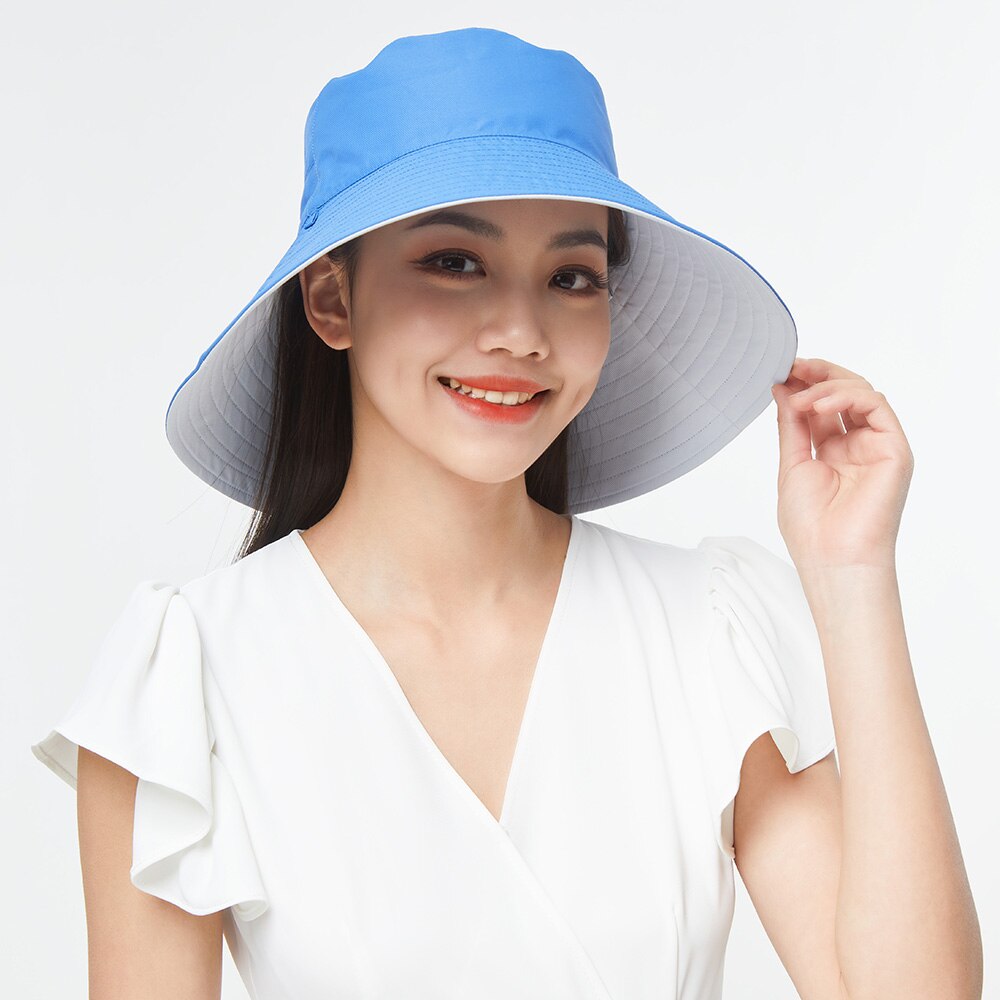 OhSunny Double-Sided Wearing Cap Solid Color Anti UV Sunscreen Bucket Hats For Women Summer Foldable Large Brim Fisherman Hat: Blue Light Blue