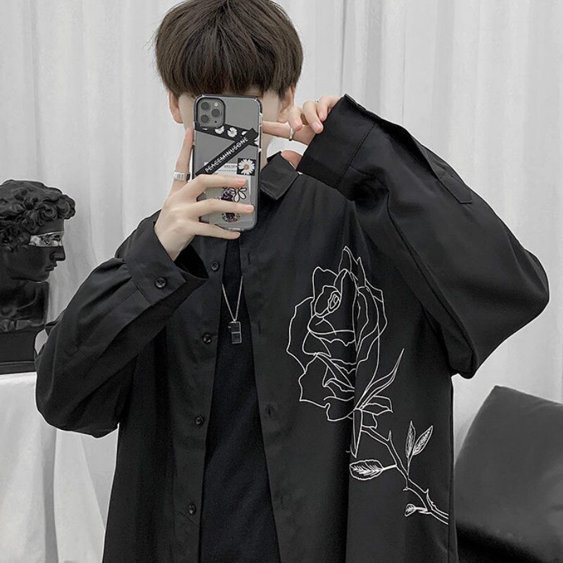 Homme chemises imprimé Simple tourner vers le bas col Simple boutonnage décontracté ample hauts pour hommes stylé tout-match Ulzzang Chic Streetwear homme