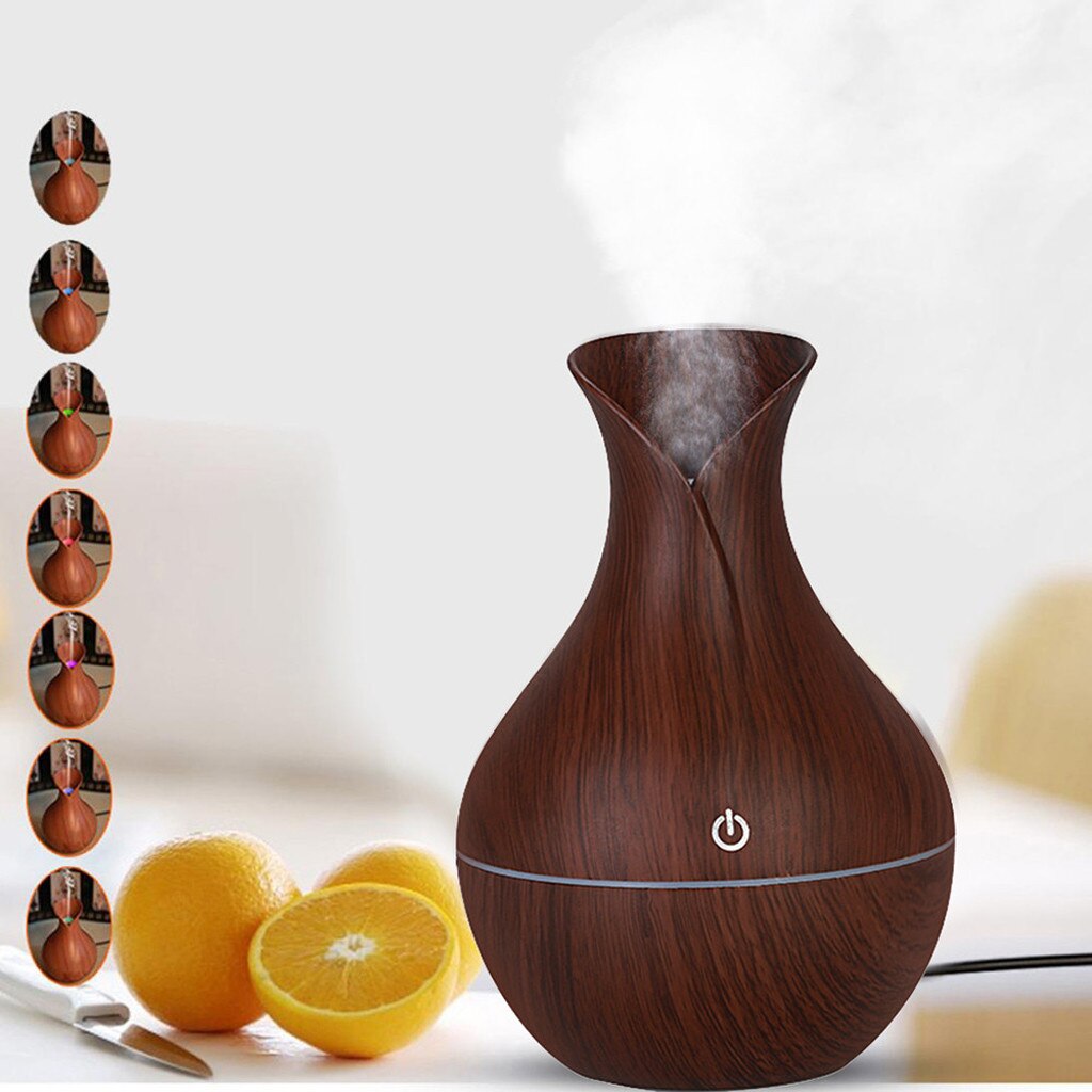 4 # Aroma de aire eléctrica humidificador Aroma difusor del aceite del humidificador de aire por ultrasonidos de madera Usb fresco Mini fabricante de la niebla luces Led para el hogar: Brown