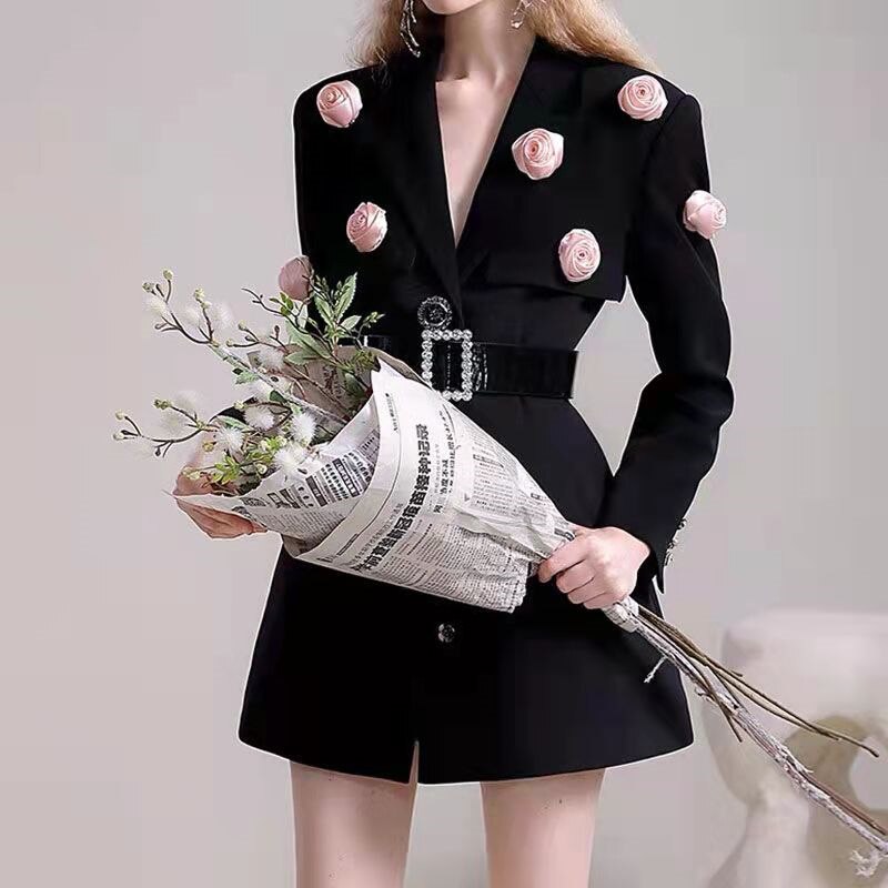 Traje de flores bordadas para mujer, prendas de vestir de , con cuello en V, de cintura alta, de un solo pecho, abrigos de oficina, color negro