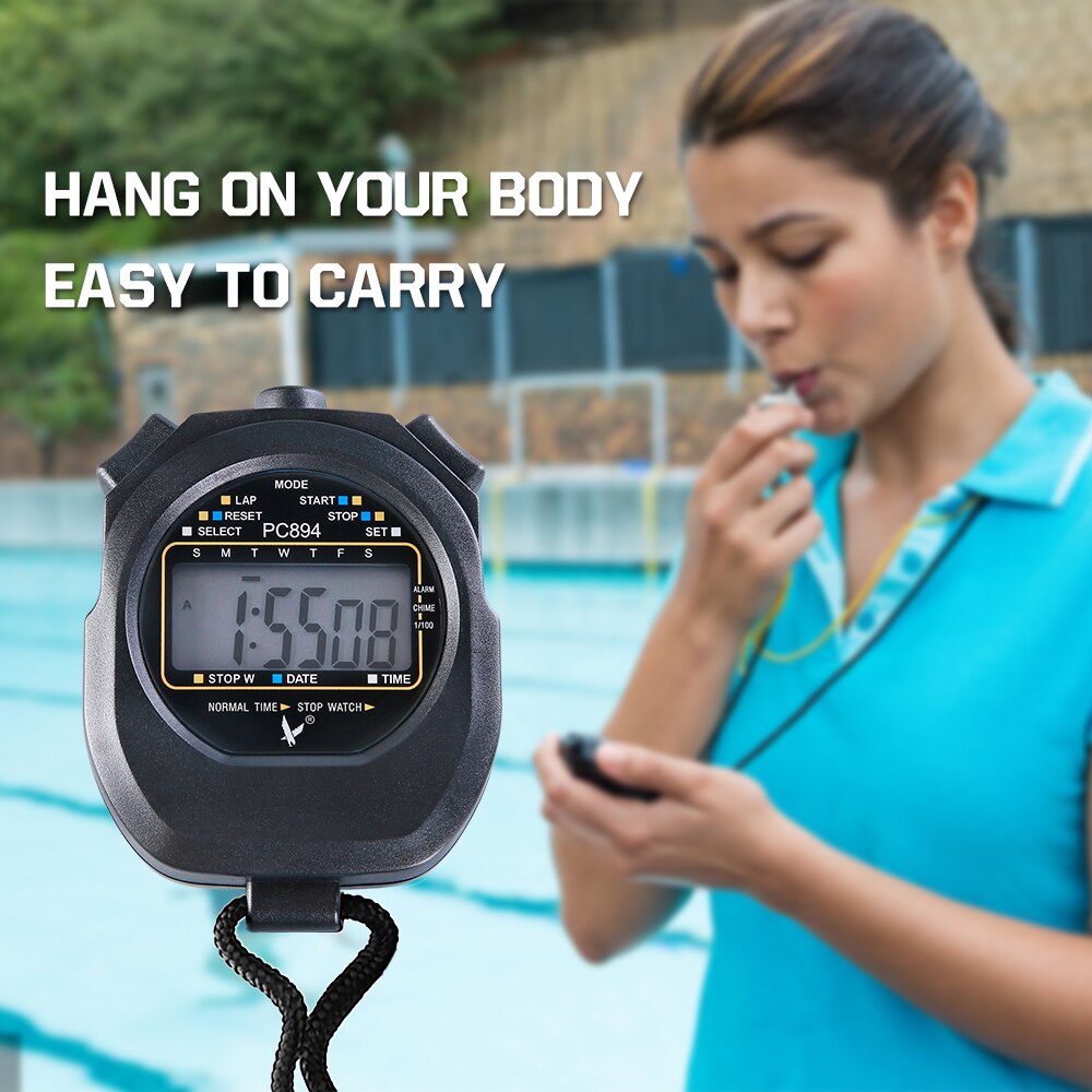 Single Row 2 Memories Stopwatch Sports Timer IPX7 Waterproof with Calendar Alarm Stopwatch with Time Date Display Digital