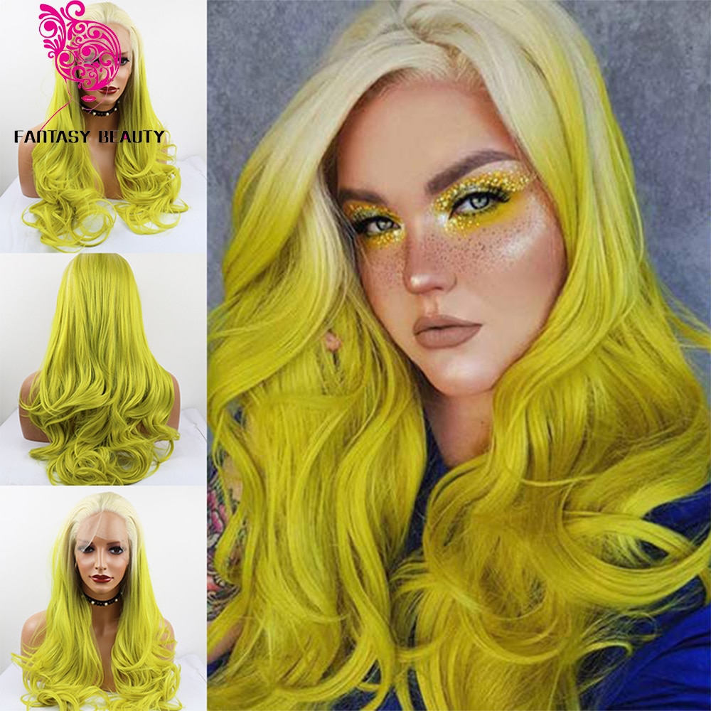 Perruque Lace Front Wig ondulée synthétique | Perruque blanche à verte ombrée en Fiber de haute température, cheveux mi-mains attachés à la main, perruque de maquillage quotidienne pour femmes