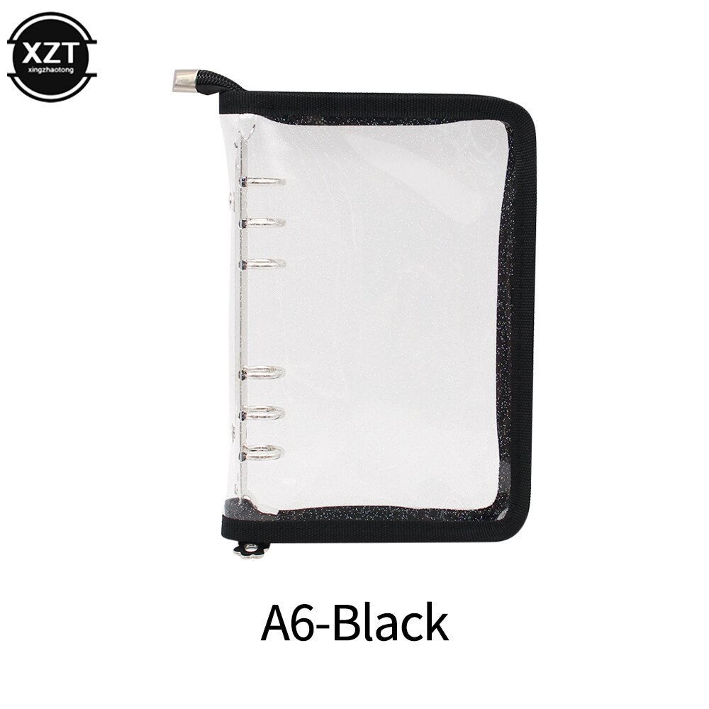 A5 A6 Loose-Leaf Notebook Cover Glitter Zipper PVC Notebook Korean Stationery Diary 6 Hole Binder Clip Notebook Office Planner: A6-BLACK