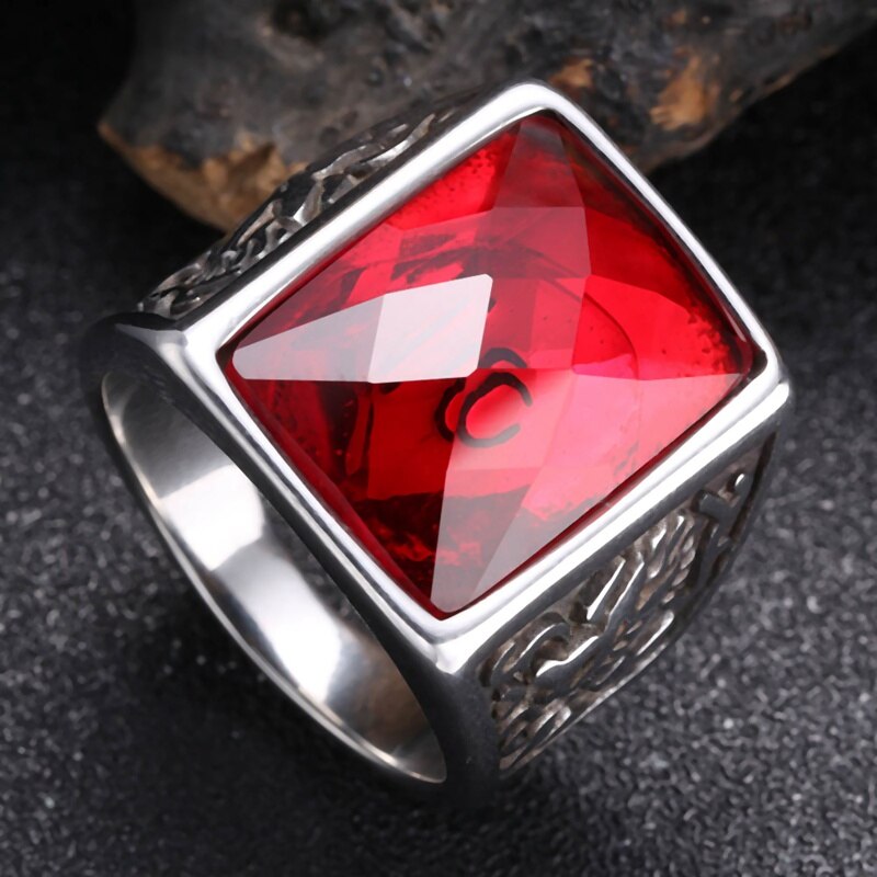 Punk Style Domineering Stainless Steel Men's Ring Red Zircon Vintage Ring Male Banquet Party Band Jewelry JZ0002