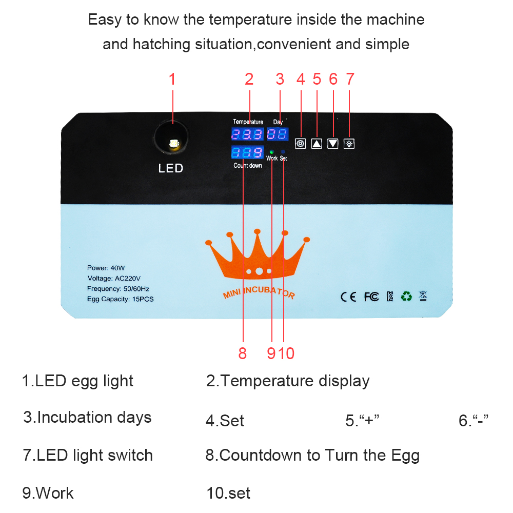 Newest Farm 15Eggs Incubator Multifunctional Automatic Digital Incubator with Temperature Humidity Sensors for
