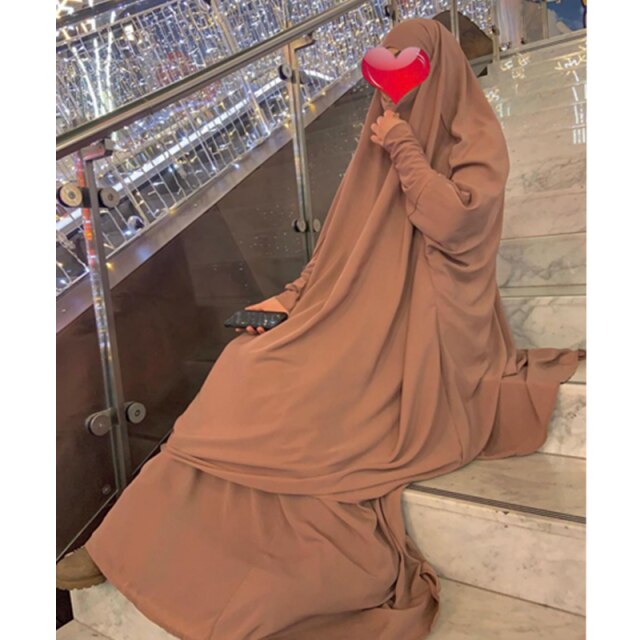 Ramadan Eid Frauen Gebet Bekleidungs Muslimischen einstellen 2 Stück Passenden Outfit Mit Kapuze Khimar Hijab Lange Felsen Abaya Islam Saudi Kleidung: khaki