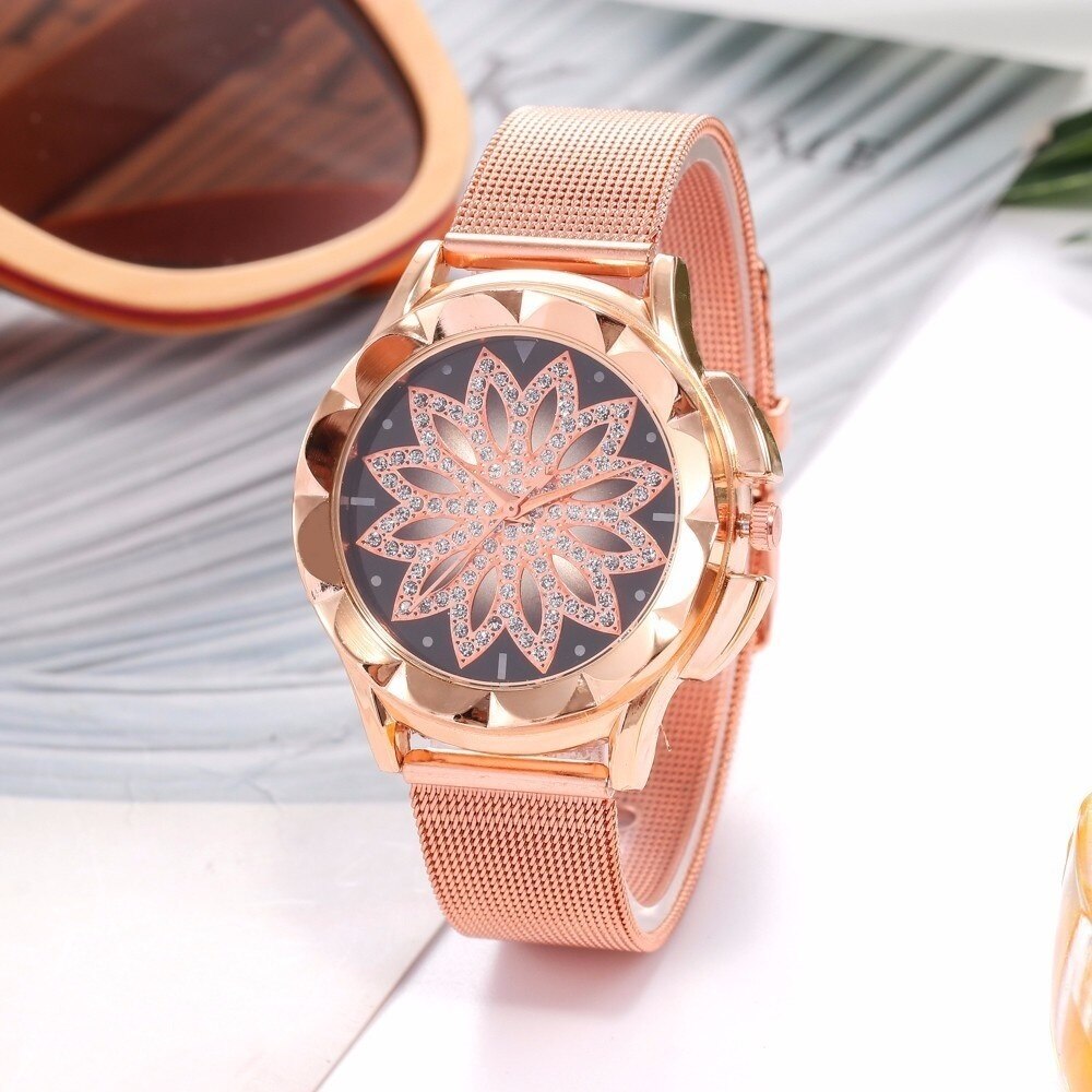 Stor urtavla armband klocka kvinnor kristall kvarts armbandsur dam casual klocka kristall relogio feminino klocka: Rosa guld