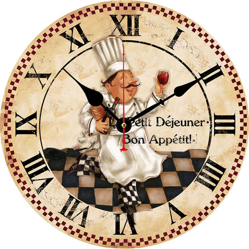 modern Large Shabby Chic Rustic Kitchen Chef cooking good wine Wall Clock 16" Kitchen Chef Wine Round Wall Wooden Clock: 24827 / 14inch(34CM)
