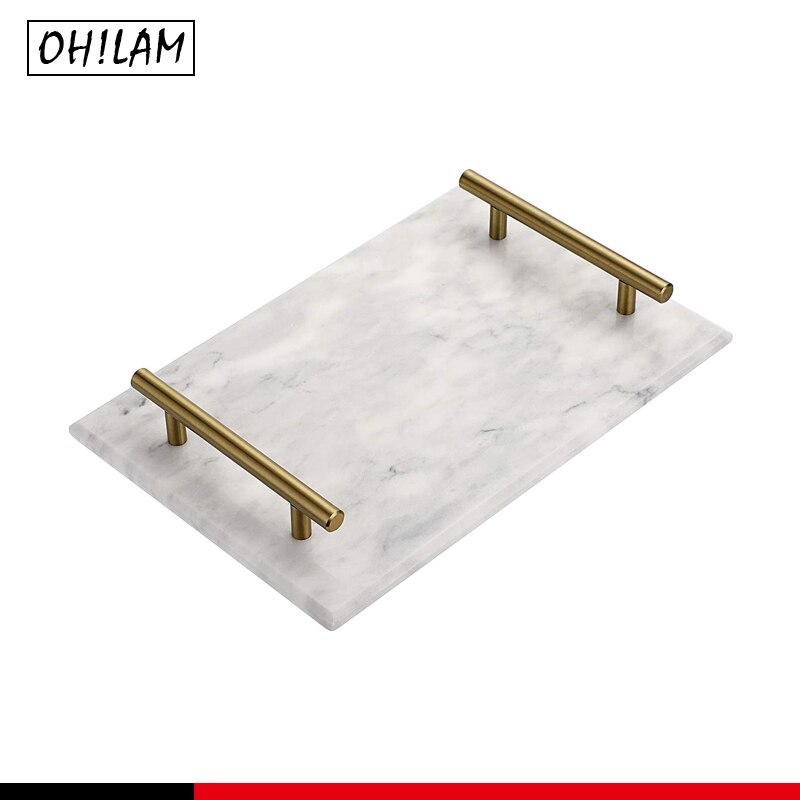 Decorative Tray Natural Rectangular Marble Tray Gold Metal Handles Handmade Bathroom Vanity Perfume Tray Trinket Tray Dresser