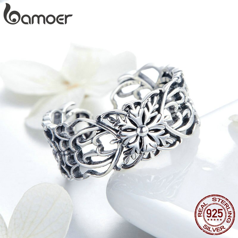 Anillos de dedo de bambú auténticos de Plata de Ley 925 con flores apilables y tamaños abiertos para mujer, joyería de plata a la SCR500