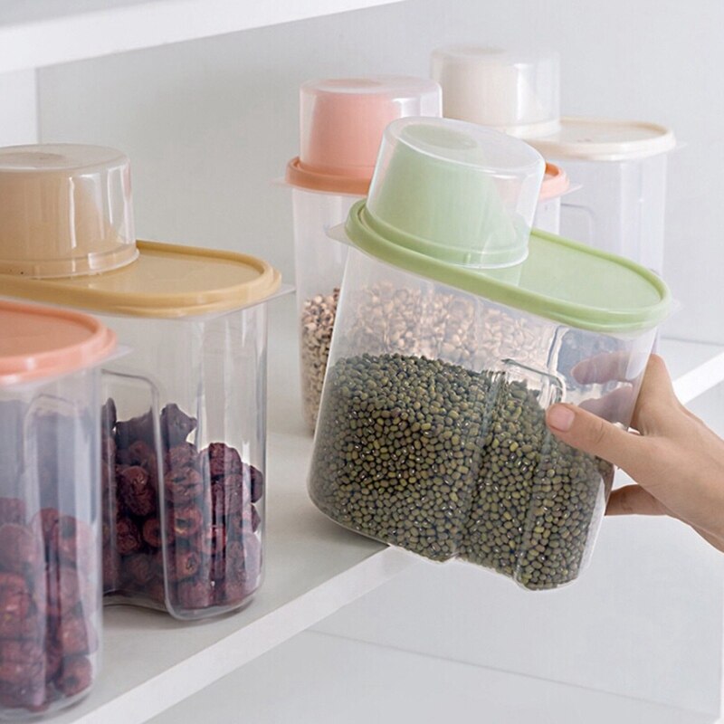 1,9/2.5L dispensador de cereales con caja de almacenamiento con tapa envase de plástico para arroz alimentos sellado tarro latas para cocina grano frutos secos refrigerios