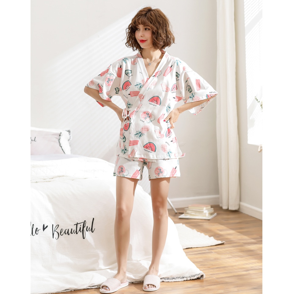 Kimono Pajamas Set Yukata Women Summer Cotton Short-sleeved Cute Watermelon Print Japanese Kimonos Cardigan Home Service Suit