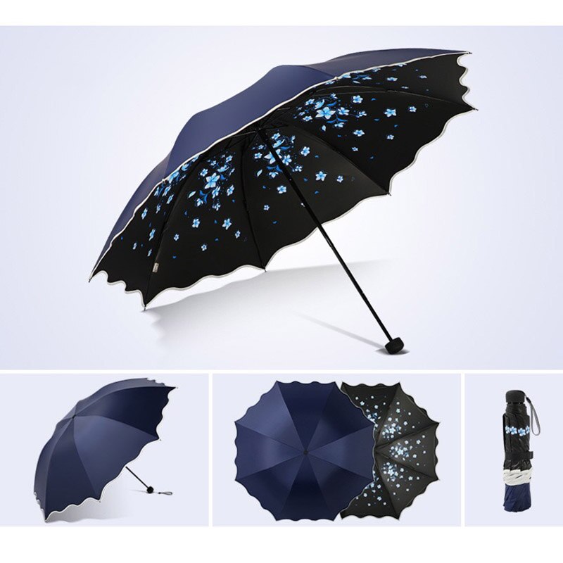 Mærke blomster paraply til kvinder folde pige parasol sol bærbar stærkt regn kvindelig sol uv klare paraplyer lys: Marine blå