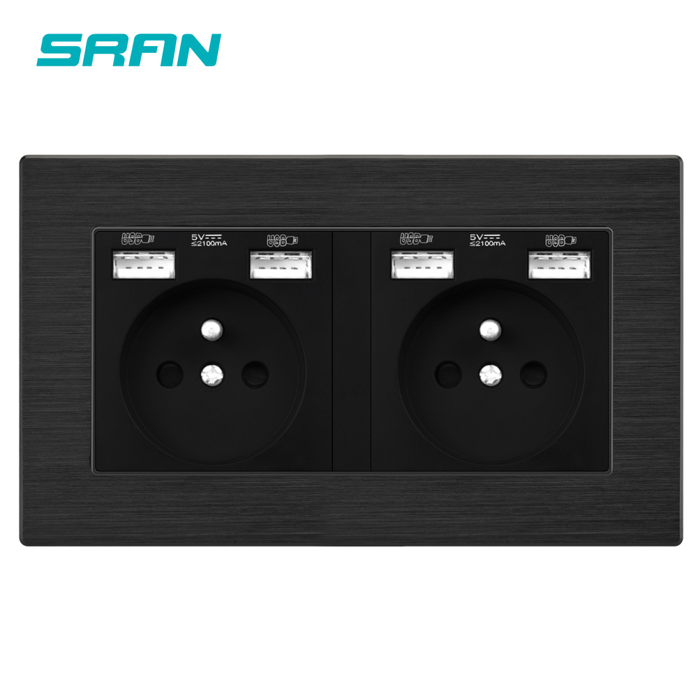 16A French Multi Way Power Socket Plug Grounded Electrical Socket with usb outlet strip 146 Aluminum alloy panel family hotel