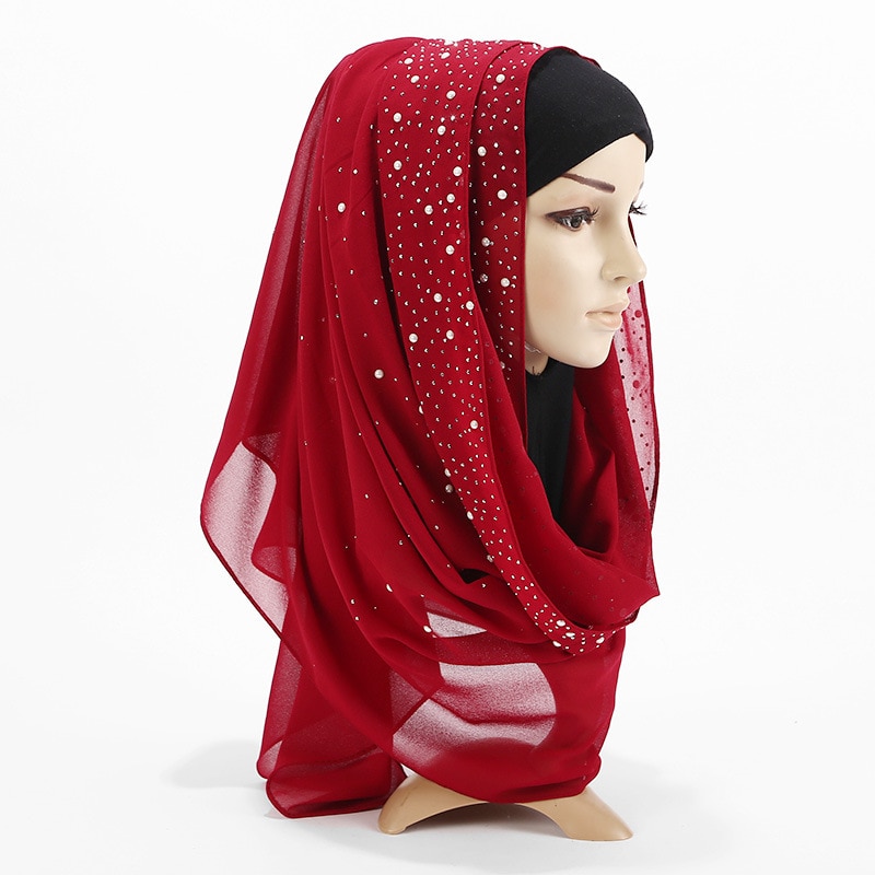 Maleisië vrouwen Bellen Chiffon Sjaal Met diamant studs Parels sjaal vlakte hijab sjaals Wraps effen kleur moslim hijab sjaal