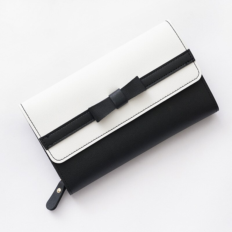 Ladies Clutch Zip Wallet Women Coin Purse Bow Magnetic Buckle Multi-Capacity Long Wallet For Females Girls Small Fresh: Black