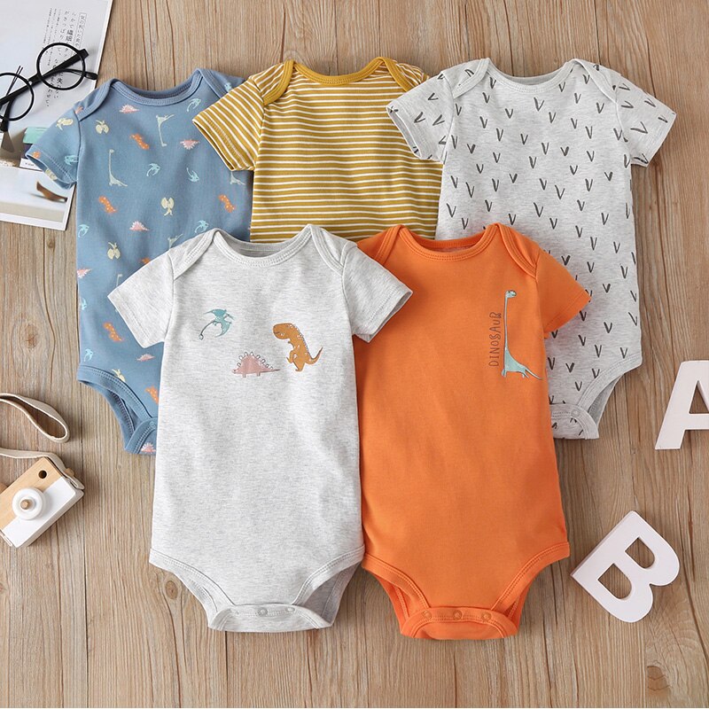 PatPat nouveauté automne et printemps 5-pack bande dessinée imprimé à manches courtes body pour bébé garçon et fille une pièce vêtements: Orange / 18-24 Months
