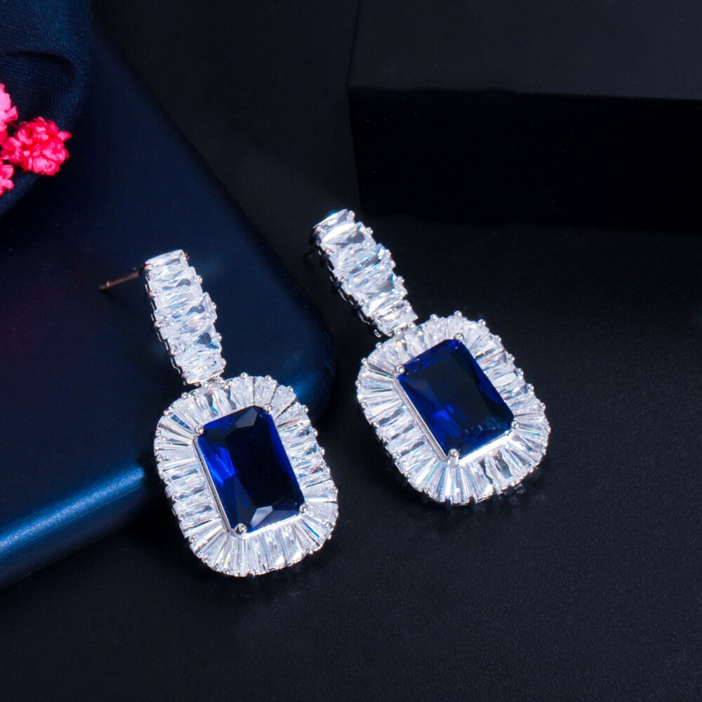 Pera Royal Blue Zirconia Big Dangle Plein Bridal Bruiloft Kostuum Ketting Oorbellen Sieraden Sets Voor Vrouwen J412