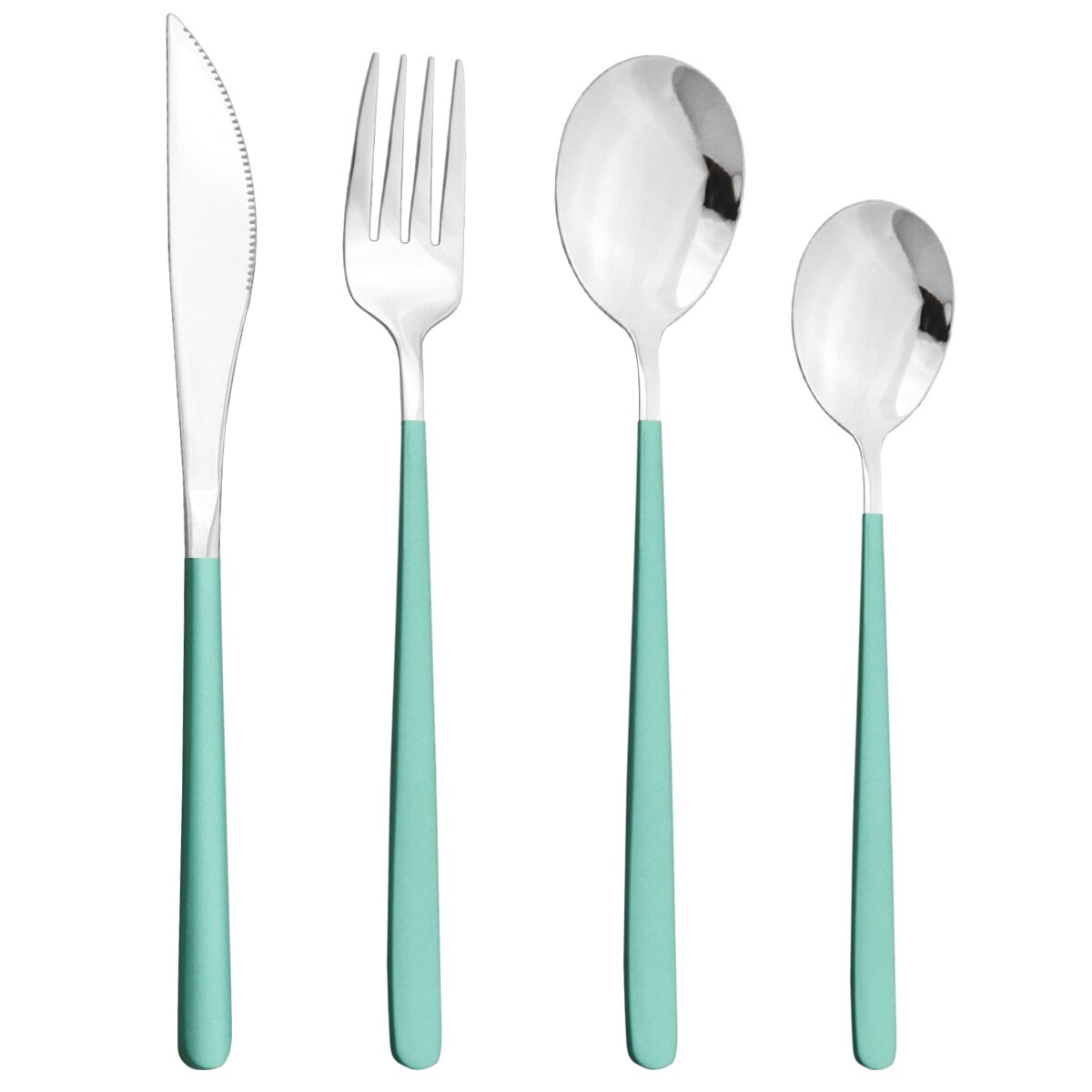 4 -delige paarsgouden serviesset, 18/10 roestvrijstalen besteksets, mes, vork, dessertlepels, bestekset, keukenserviesset: Groen zilver