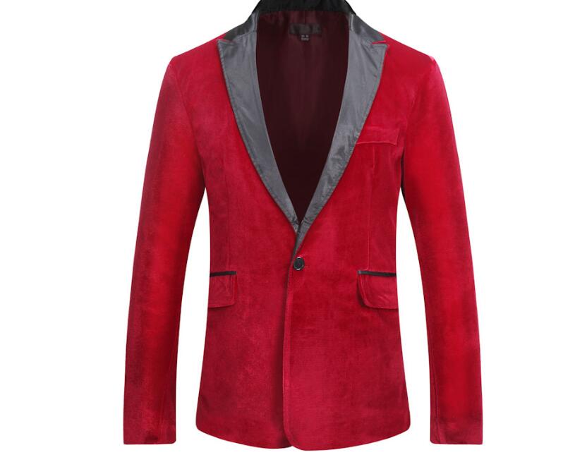 Men's Autumn Winter Velvet Wine Red Leisure Suit Jacket Wedding Groom Singer Slim Fit Blazer