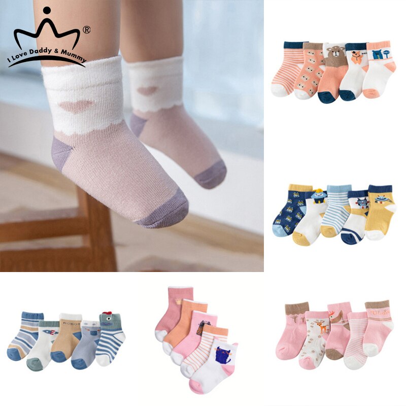 5 paires/lot chaussettes bébé automne hiver chaussettes en coton pour filles garçons dessin animé animaux chaussettes de sol