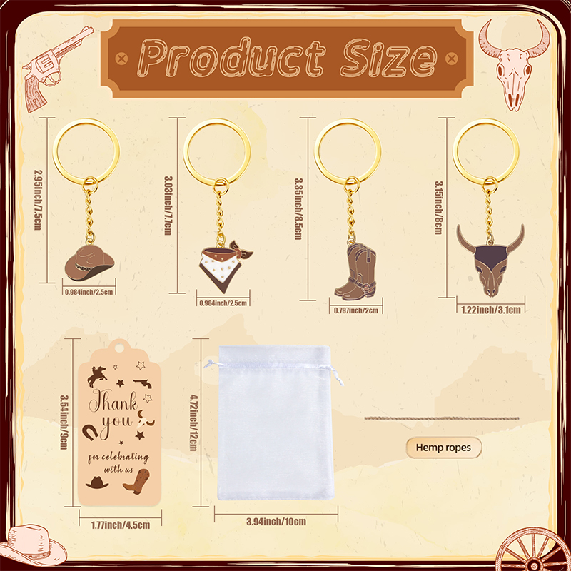 *12 set western cowboy festgåvor för gäster cowboy stövelhatt nyckelring med vita organzapåsar och tacketiketter