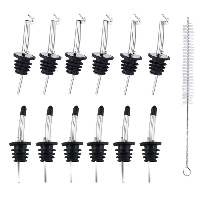 12 Pack Stainless Steel Classic Bottle Pourers Set, Liquor Pourers with Caps, Tapered Spout with Rubber Dust Caps and 1 Free Cle: Default Title
