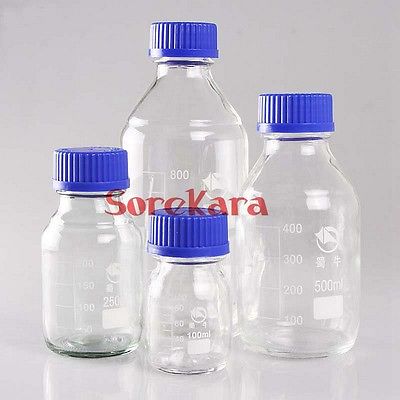 250ml Graduated Round Glass Reagent Bottle Blue Screw Cap Screw On Cover Graduation Sample Vials Plastic Lid