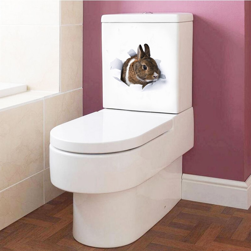 Pegatina de pared de conejo en 3D para baño, calcomanías de decoración del hogar, papel tapiz de animales