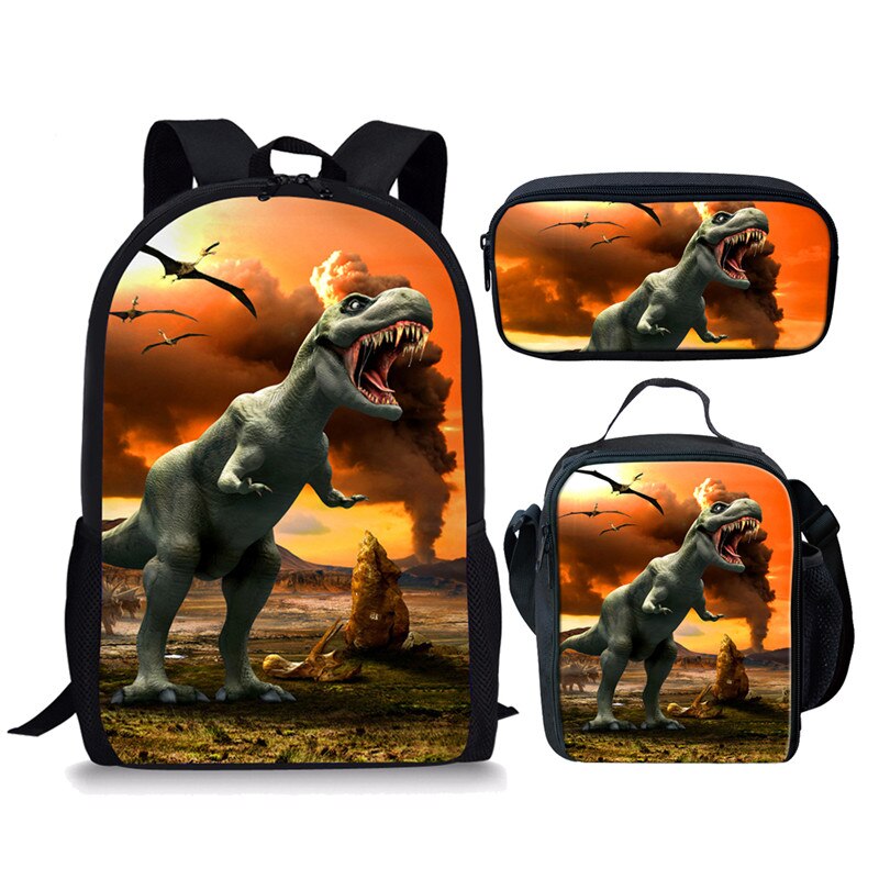 cool T-rex Dinosaurier Schule Taschen einstellen Bookbags für Teenager Jungen 3 stücke Primäbetreffend Rucksack mit Mittagessen Kasten Bleistift Taschen: Z3429CGK