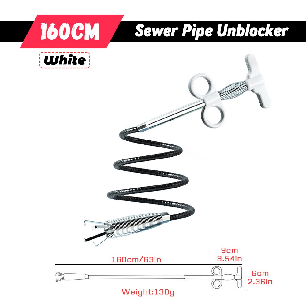 60/90/160CM Sewer Pipe Unblocker Snake Spring Pipe Dredging device Tool Kitchen Bathroom Hair Sewer Sink Pipeline Cleaning Tools: 160CM White