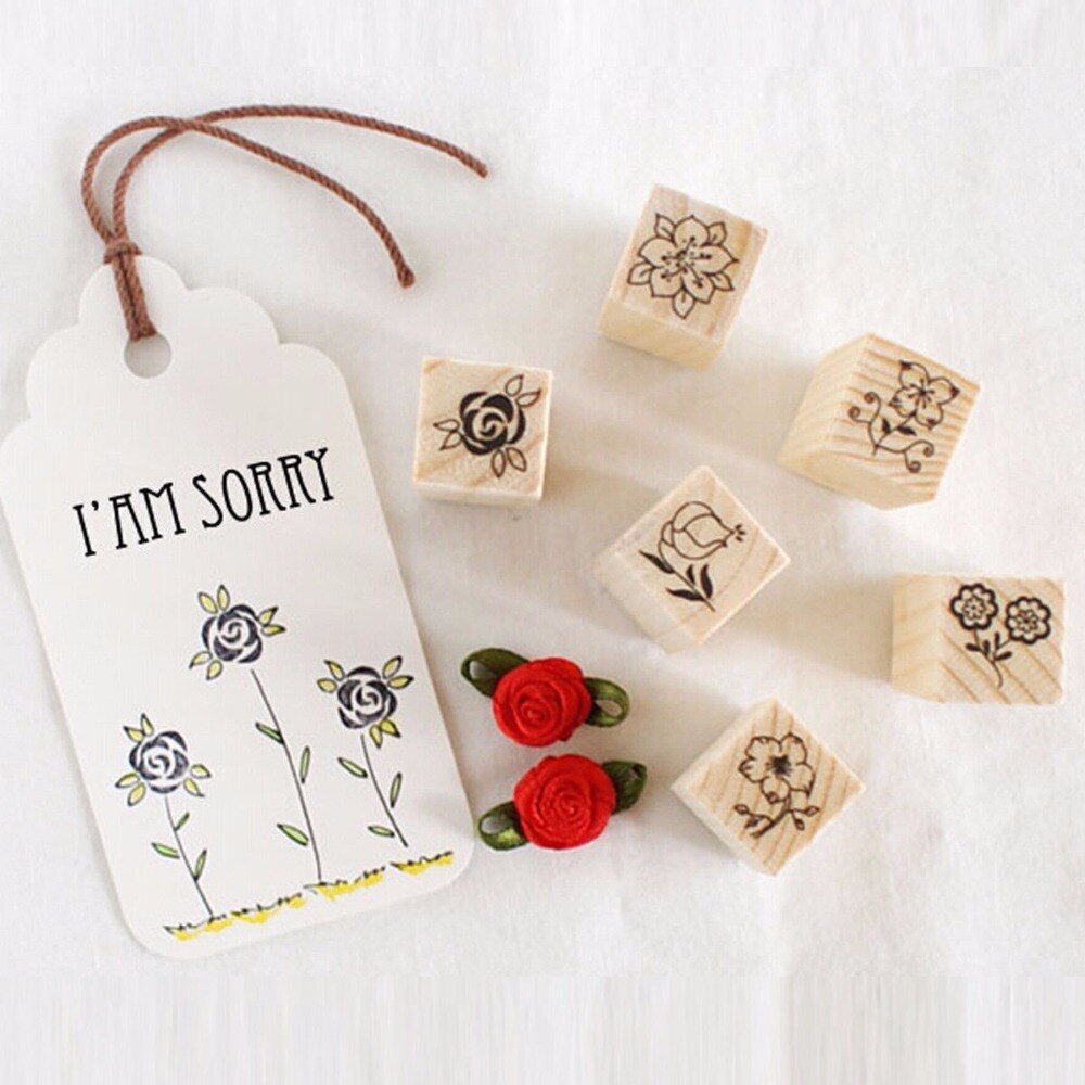 12Pcs Flowers Floral Wood Stamps for Scrapbooking DIY Wooden Rubber Stamp Rose Flower Letters Diary Craft Card Stamps Set