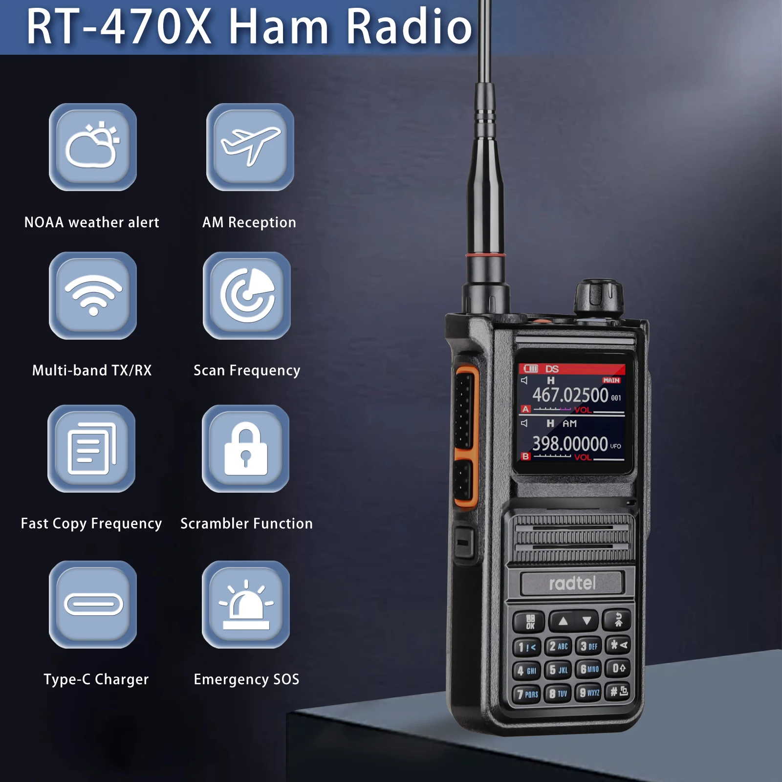Radtel RT-470X Plus Bluetooth Ham Walkie-Talkies 256CH Air Band Dwukierunkowa stacja radiowa Lotnictwo NOAA Police Marine Transceiver