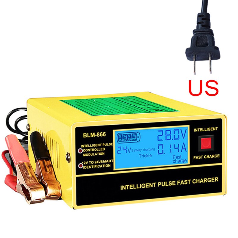 English LCD Display Full Automatic Car Battery Charger 150V/250V To 12V 24V Smart Fast Power Charging For Wet Dry Lead Acid: US-Yellow