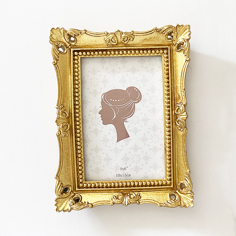 Vintage Rectangle Photo Frame Wall Hanging Golden Embossed Resin Picture Frame Holder Table Decoration Home Decor, Paper Random: black