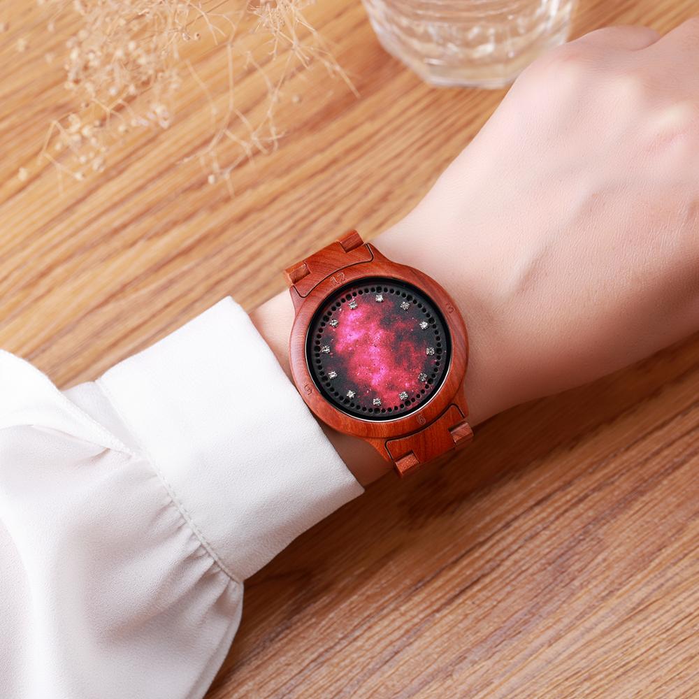Red sandalwood LED Light Touch Screen Diamond Dial Wooden Watch Red Starry Sky Surface Luminous Watch Relogio Masculino