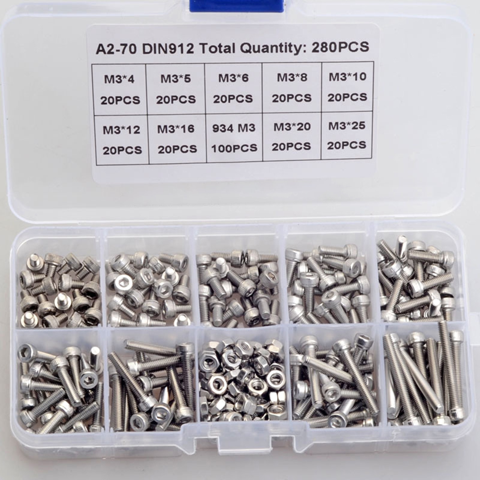 280/380Pcs 304 Stainless Steel M3 Cylindrical Head Hex Socket Cap Bolt Screw Nuts Set Assortment Kit Hardware Tool