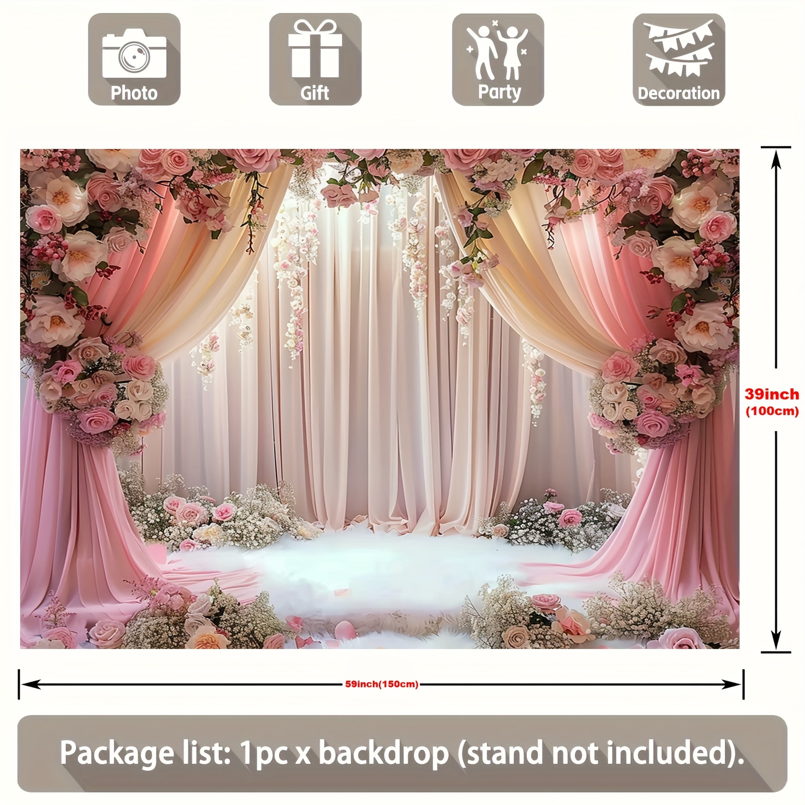 Romantic pink floral polyester background curtains, photo booths decorate bridal showers, engagements and weddings