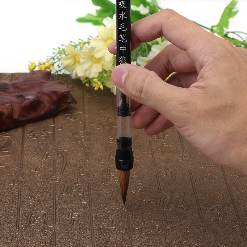 6 Pcs Piston Water Borstel Chinese Japanse Kalligrafie Pen Verstelbare Zuiger (S + M + L), wit En Bruin Borstelkop Pen