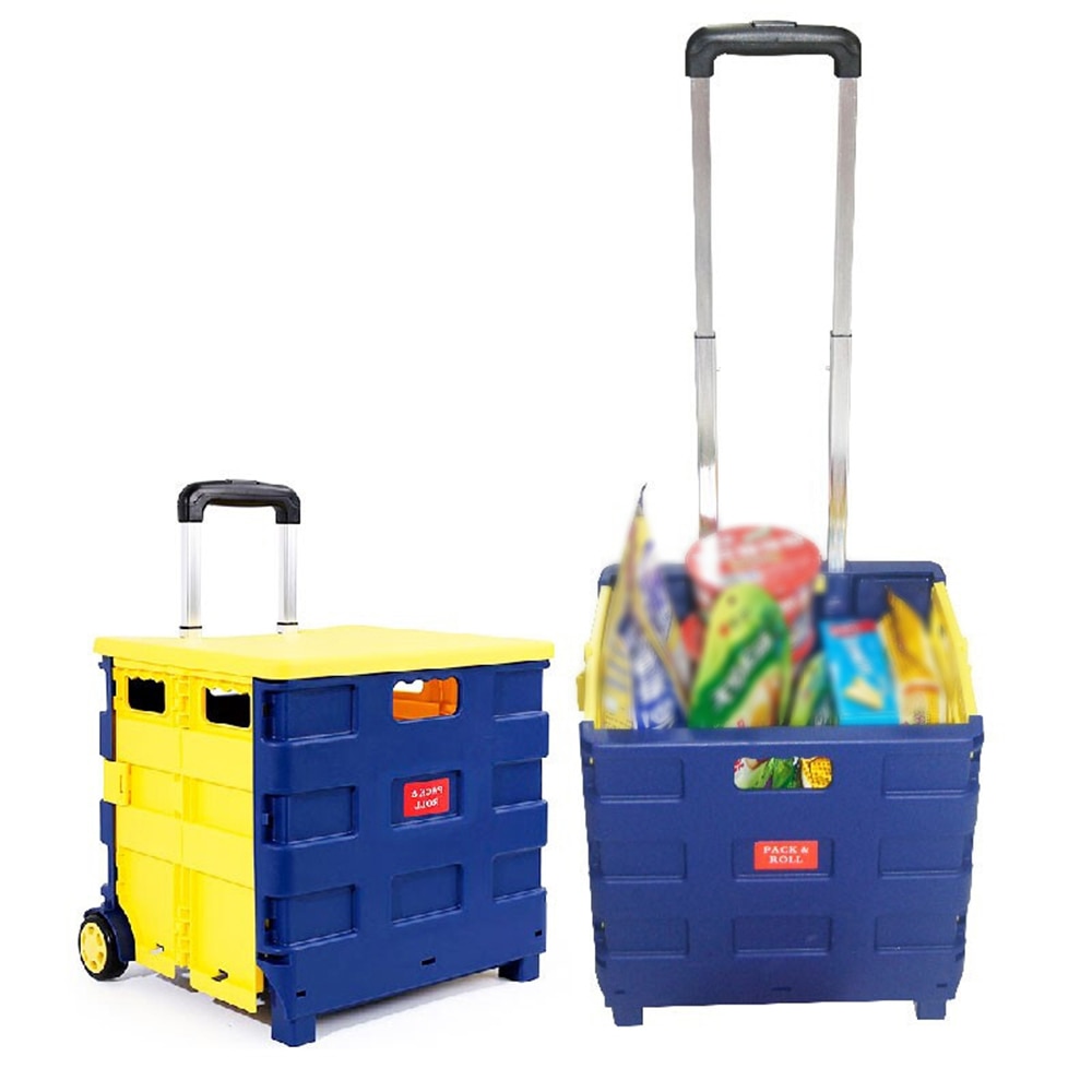 Winkelwagen Opvouwbare Boodschappentas Winkelwagen Twee Wielen Inklapbare Handkar Met Deksel Draagbare Rolling Kruidenier Winkelwagen Utility Mand Zetel 45L: Blue  Yellow