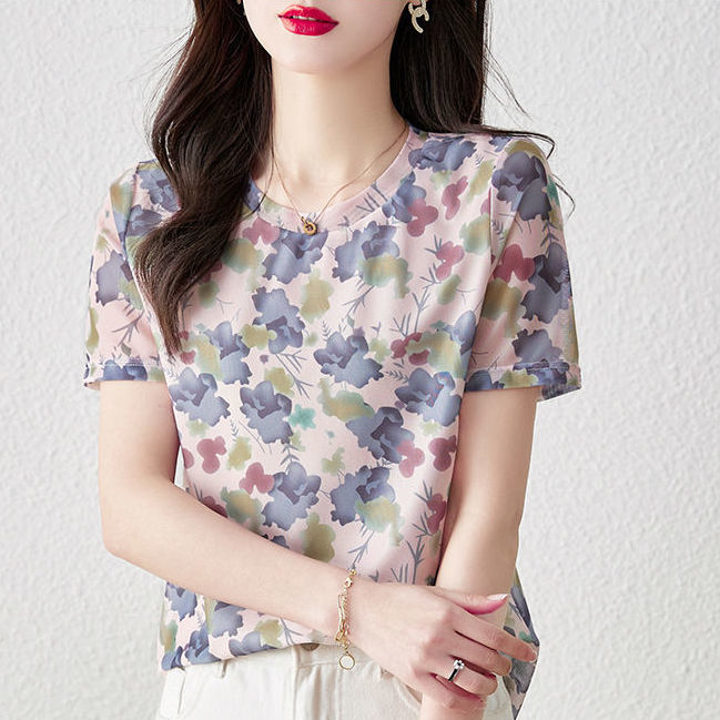 Zomer Koreaanse Stijl Bloemen Casual Trui Vrouwelijke Elegante Mode Print Korte Mouw Tops Vrouwen Chiffon Zweet Femme Kleding