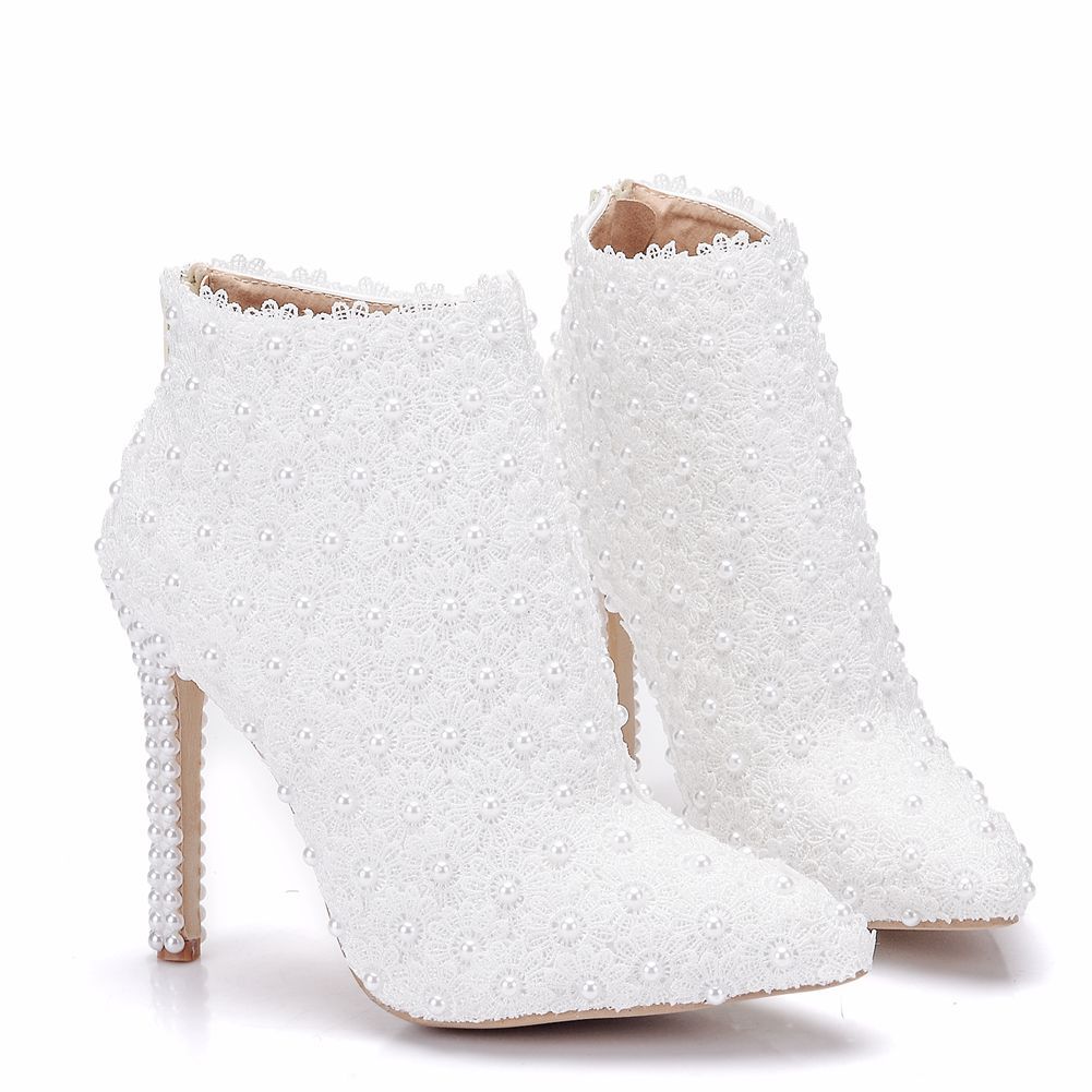 Lederen Laarzen Vrouwen Hoge Hakken Enkellaarsjes Puntschoen Parels Kant Bruiloft Schoenen Lente Herfst Parel Hakken Witte Korte Laarzen
