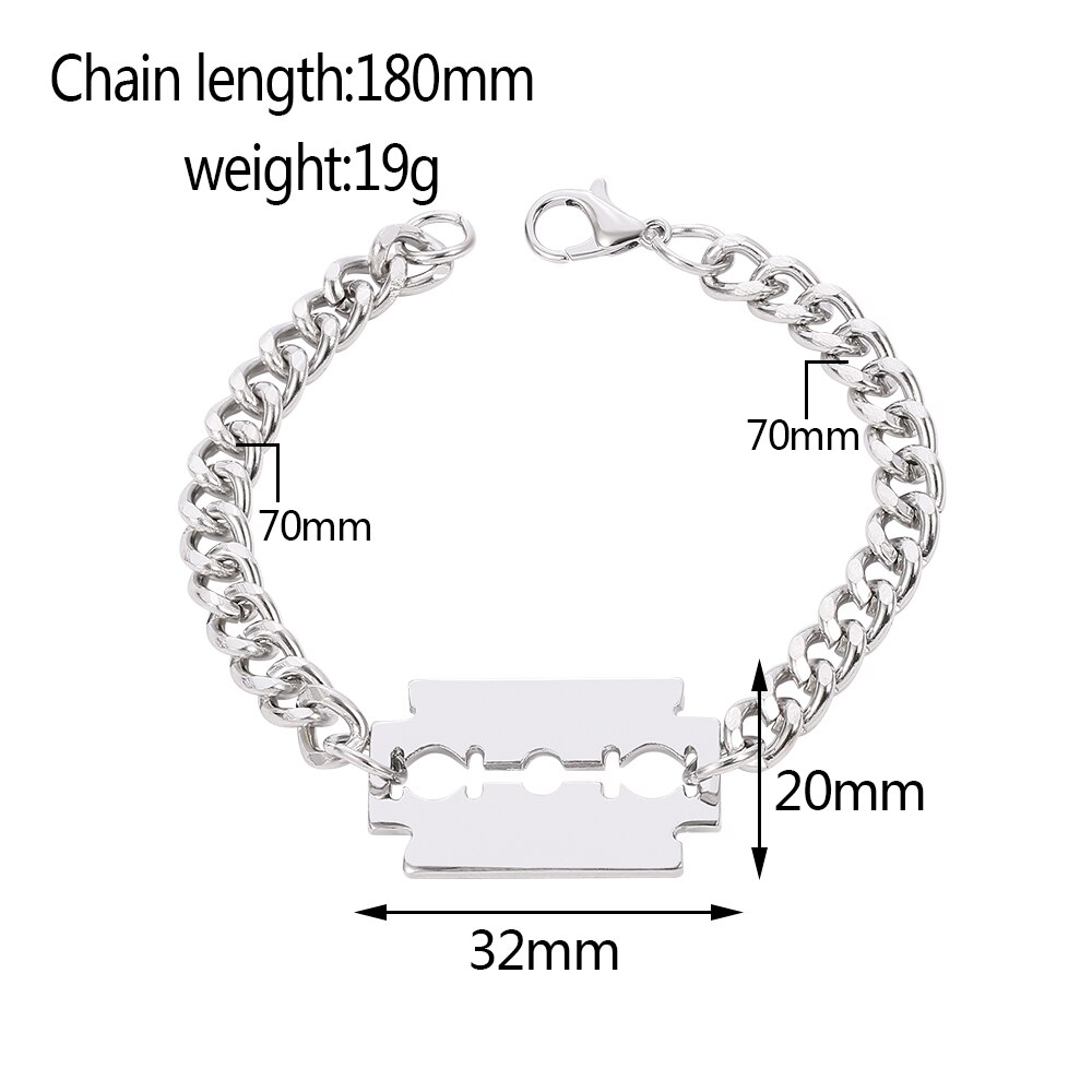 Punk Hip Hop Razor Blades Shaped Pendant Bracelet Men Silver Color Miami Curb Thick Choker Bracelet Jewelry Husband