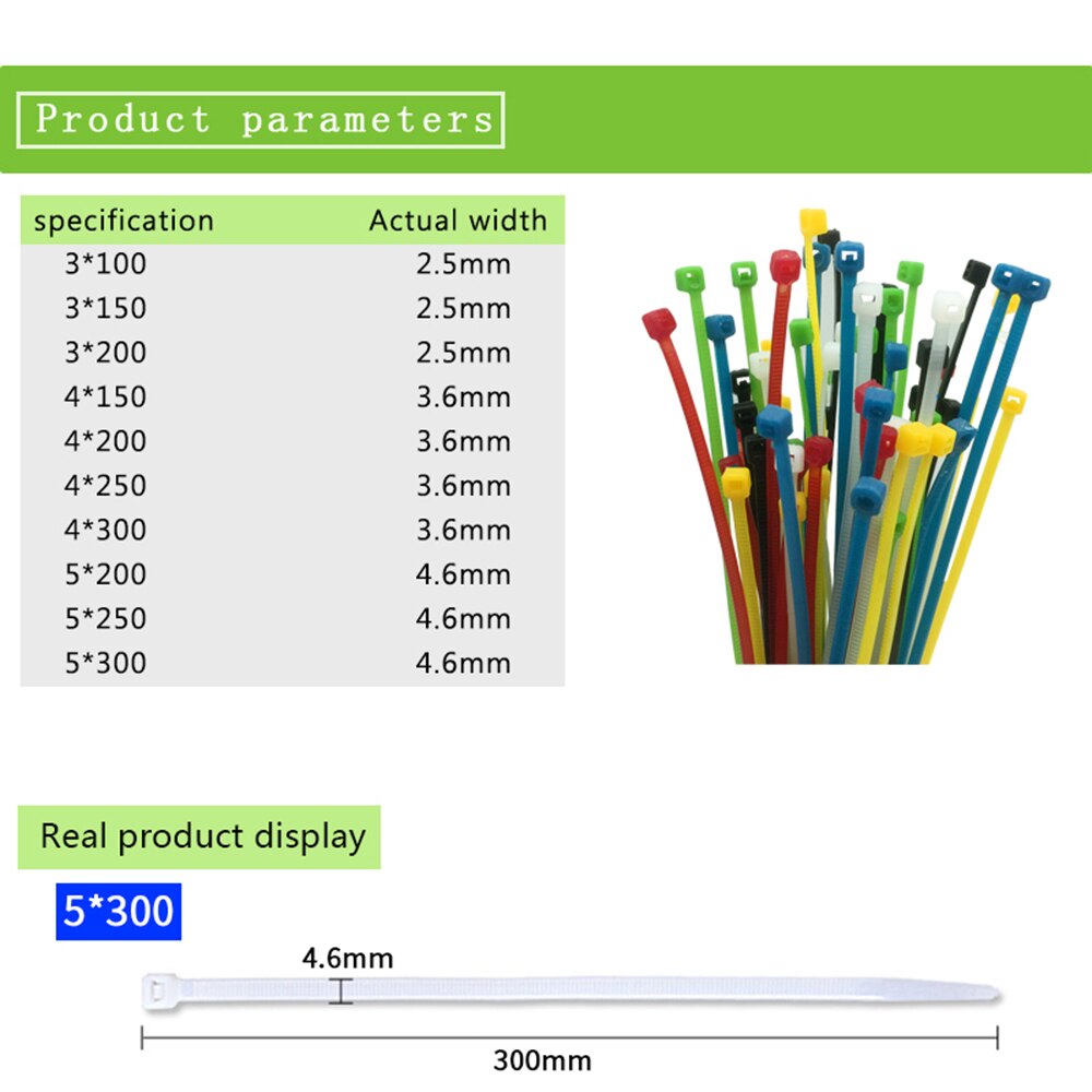5*300 5 x 300 selvlåsende plast nylon wire kabel lynlåse 100 stk 6 farver kabelbindere fastgør loop kabel forskellige specifikationer