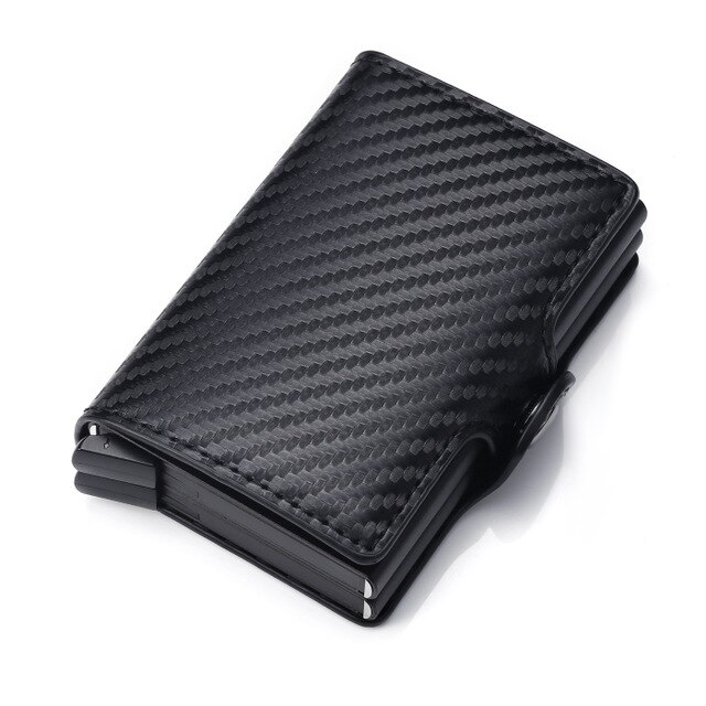 Engraving RFID Card Holder Wallet for Men Credit Card Holder Business Unisex PU Leather Double Layer Cardholder Aluminum Box: Carbon ( No Name)