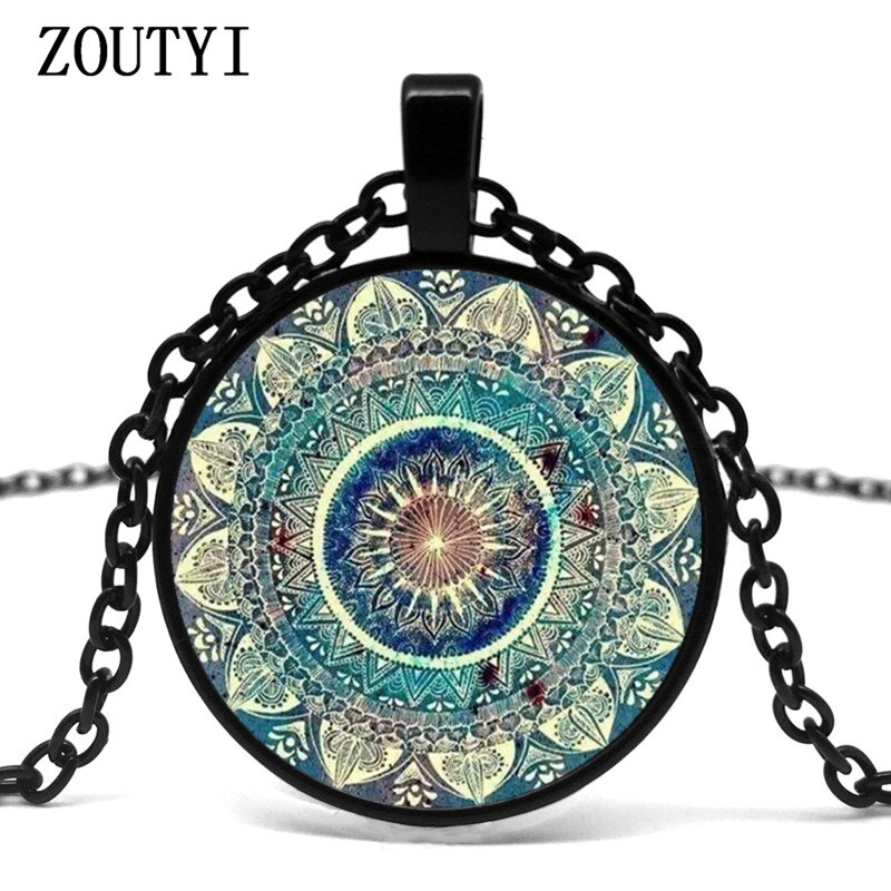 , vintage Boeddhistische chakra glas ronde hanger ketting, Om Indian yoga mandala dragen sieraden